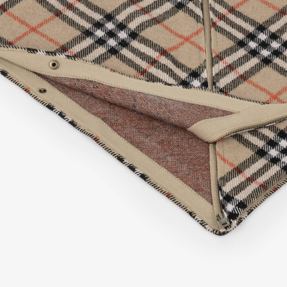 Burberry-Girls Beige Check Hooded Wool Cape | Childrensalon