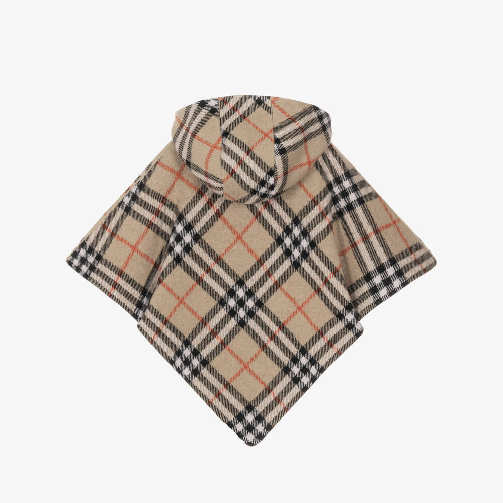 Burberry-Girls Beige Check Hooded Wool Cape | Childrensalon