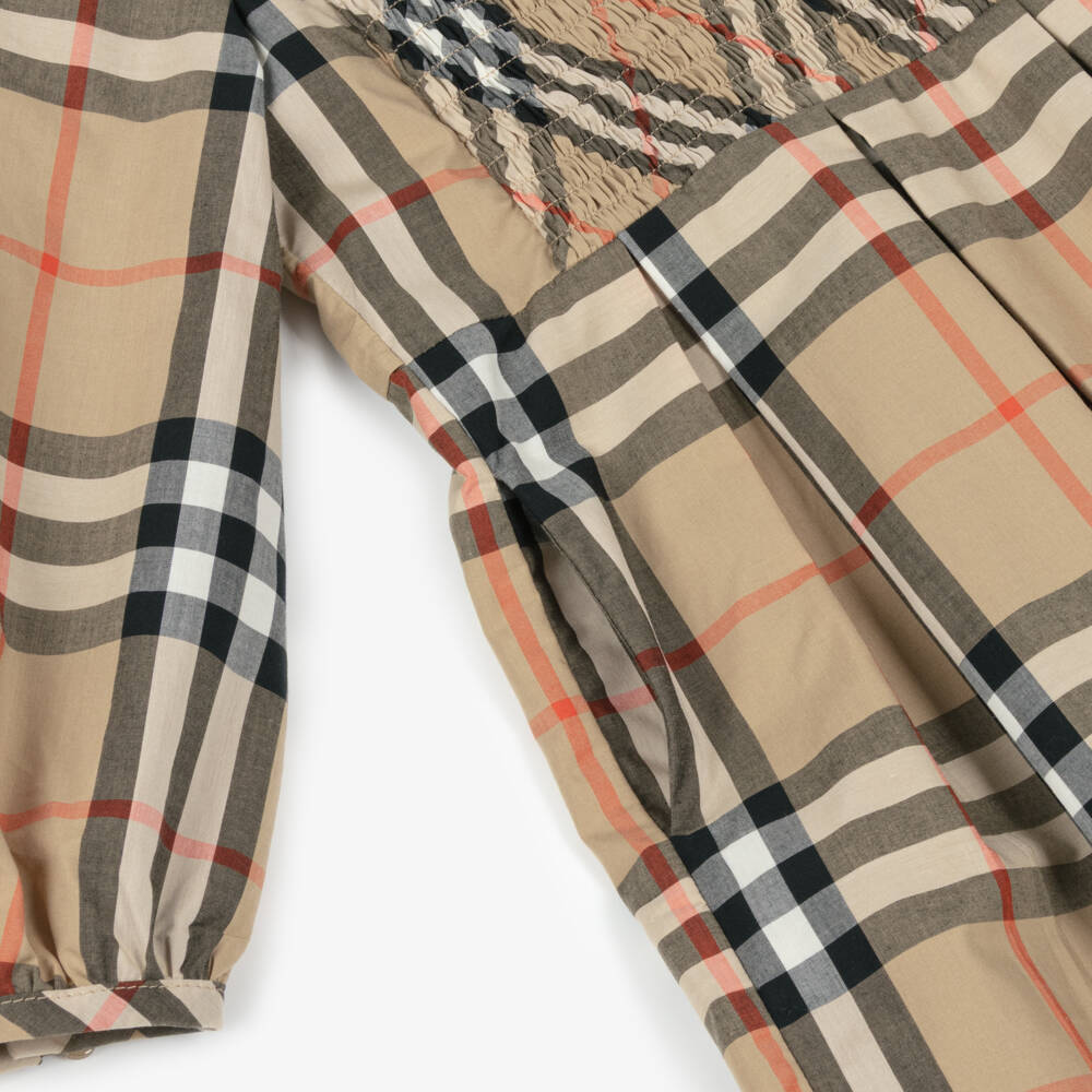 Burberry-Girls Beige Check Shirred Poplin Dress  | Childrensalon
