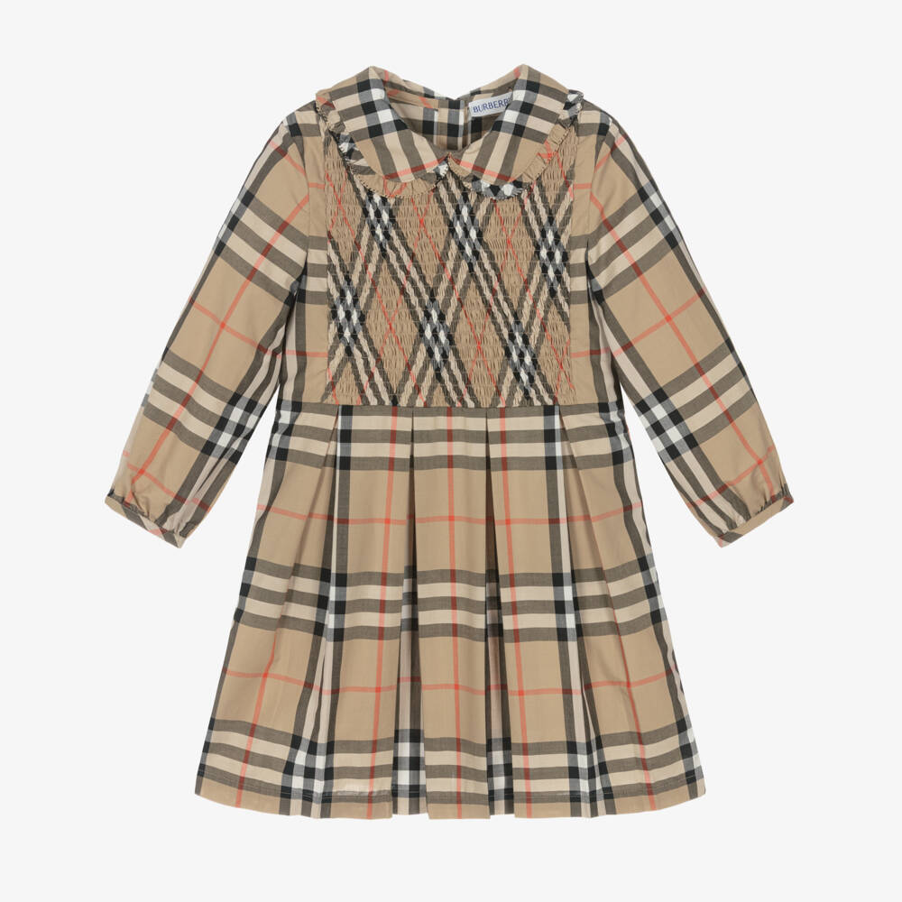 Burberry-Girls Beige Check Shirred Poplin Dress  | Childrensalon
