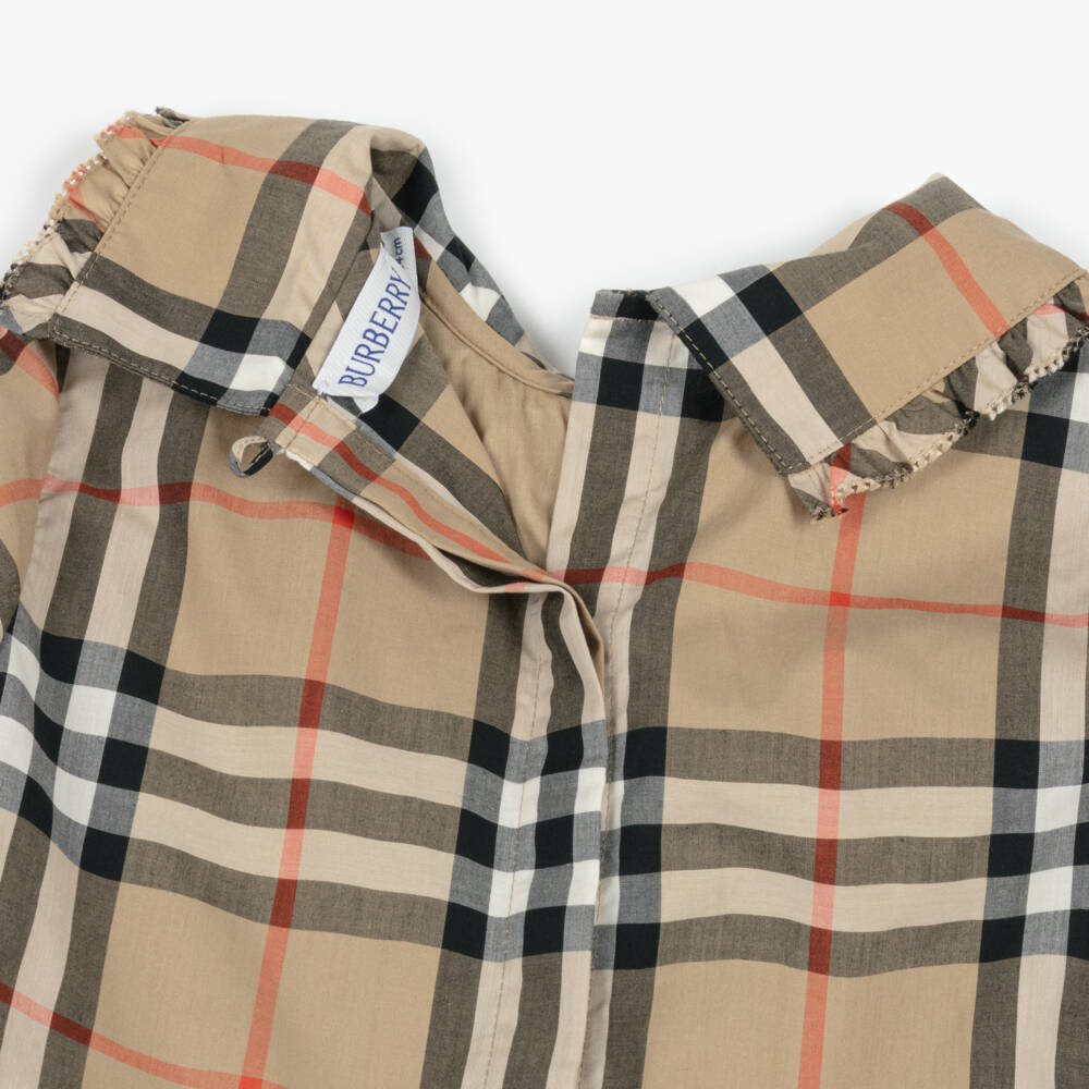 Burberry-Girls Beige Check Shirred Poplin Dress  | Childrensalon