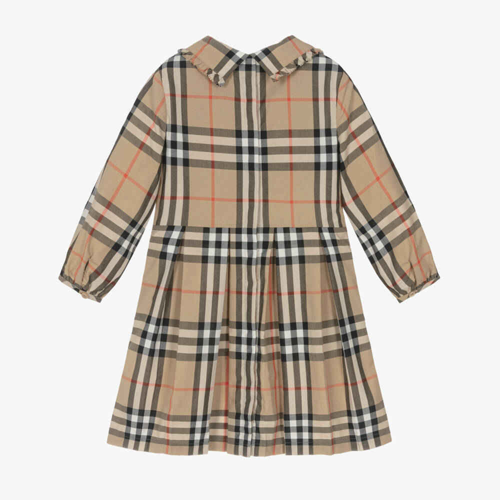 Burberry-Girls Beige Check Shirred Poplin Dress  | Childrensalon