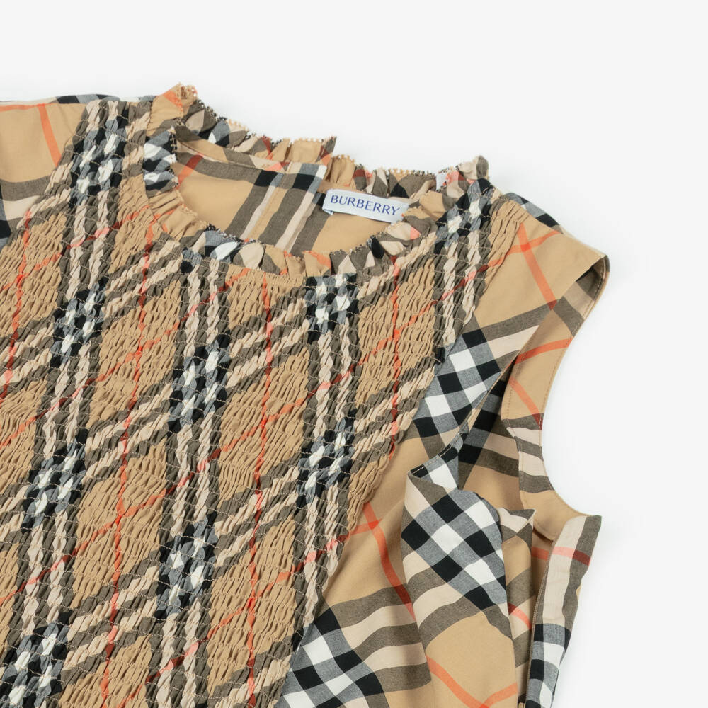Burberry-Girls Beige Check Sleeveless Cotton Dress | Childrensalon
