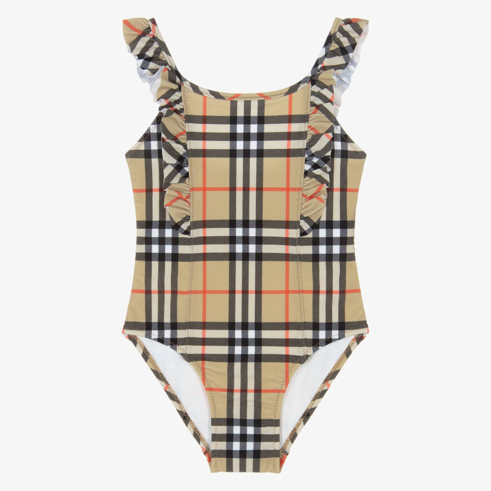 Burberry-Girls Beige Check Swimsuit with Ruffle Trim | Childrensalon