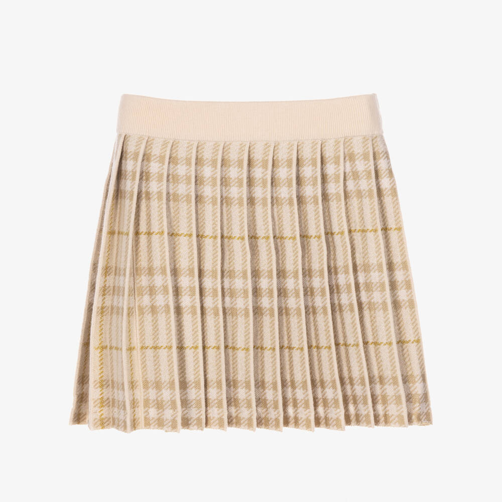 Burberry-Girls Beige Check Wool Blend Pleated Skirt | Childrensalon