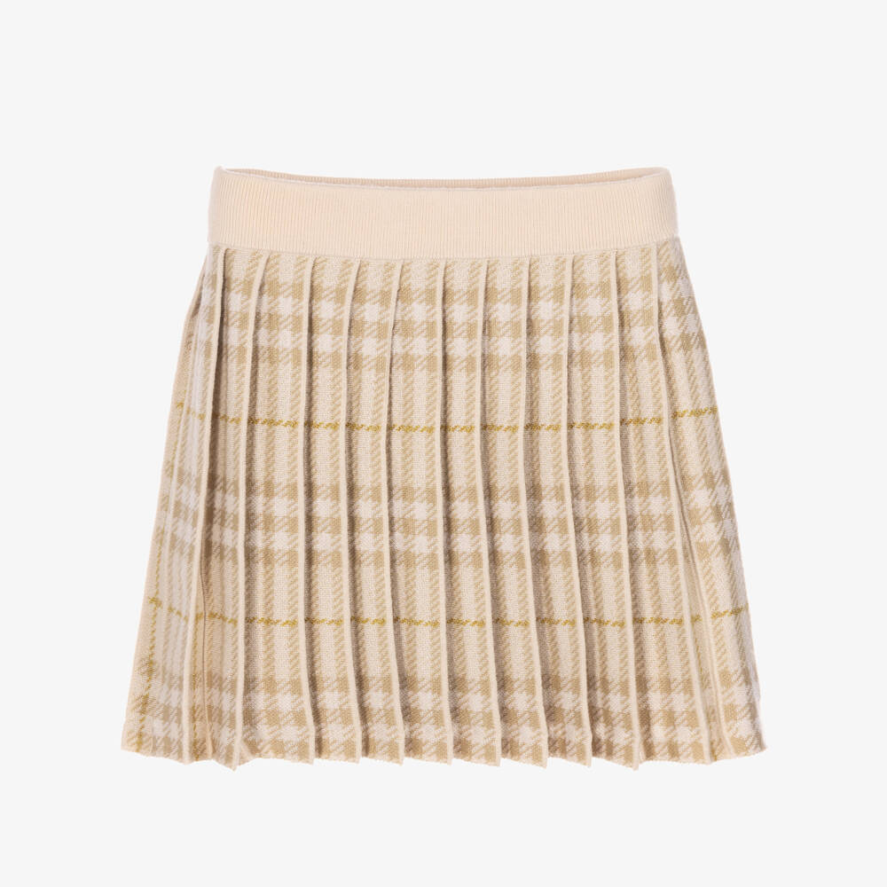 Burberry-Girls Beige Check Wool Blend Pleated Skirt | Childrensalon