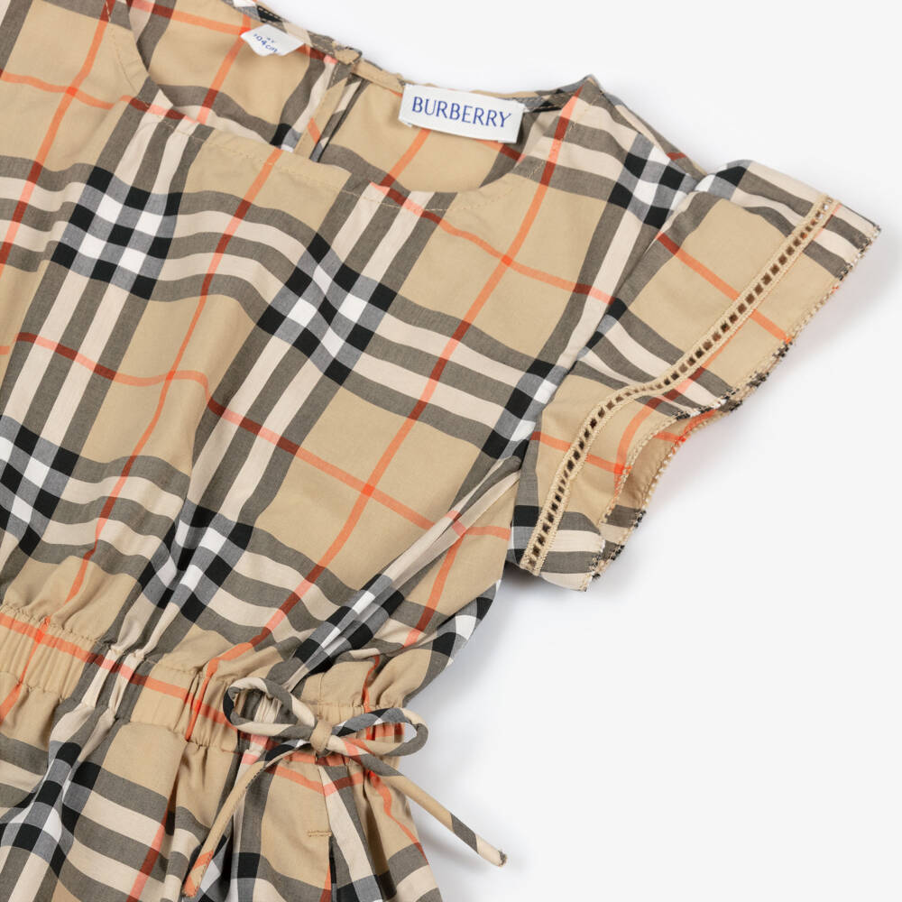 Burberry-فستان بنقشة مربعات قطن لون بيج للبنات | Childrensalon