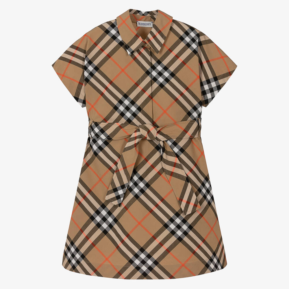 Burberry-Girls Beige Cotton Check Shirt Dress | Childrensalon