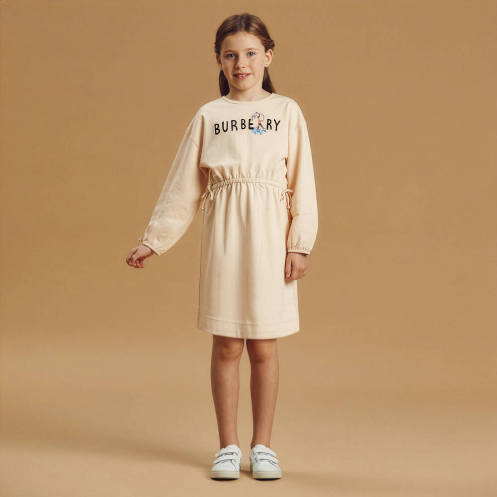 Burberry-Girls Beige Cotton Dress with King's Guard & Logo  | Childrensalon