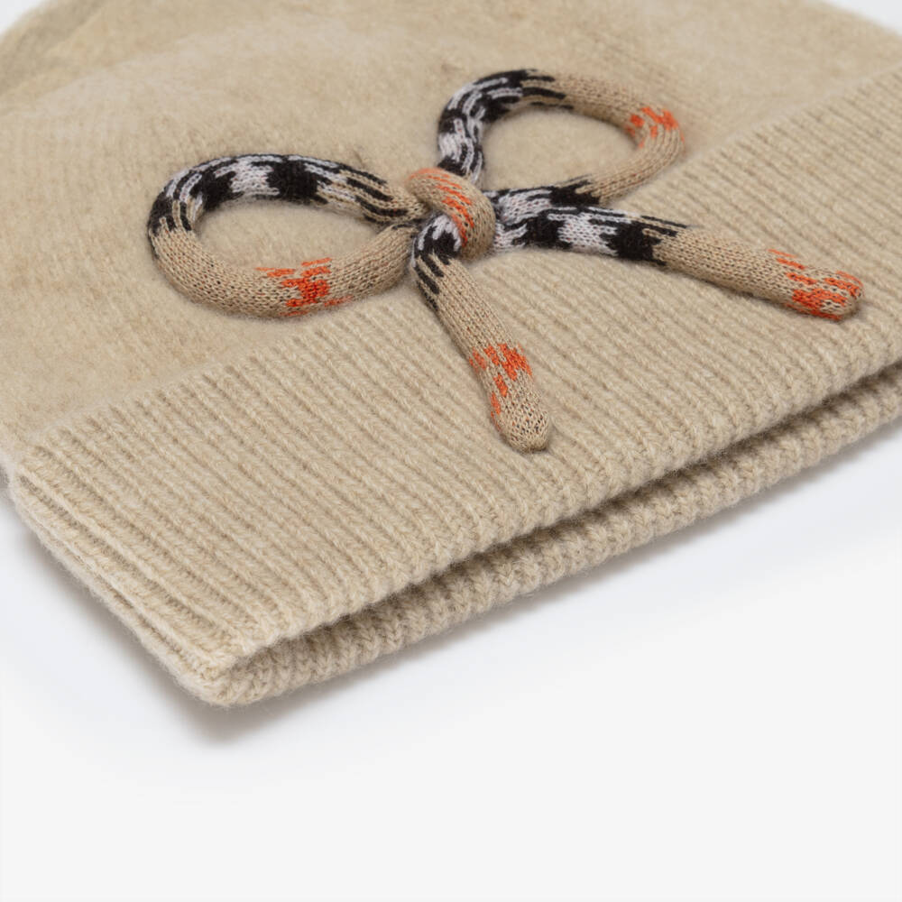 Burberry-Шапка бини бежевая из шерсти с клетчатым бантом для девочек | Childrensalon