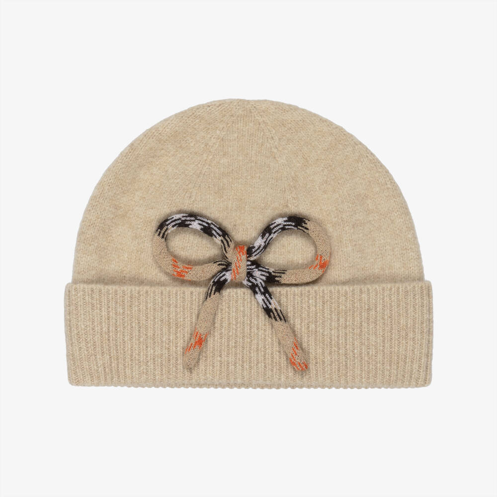 Burberry-Girls Beige Knitted Wool Beanie with Check Bow | Childrensalon