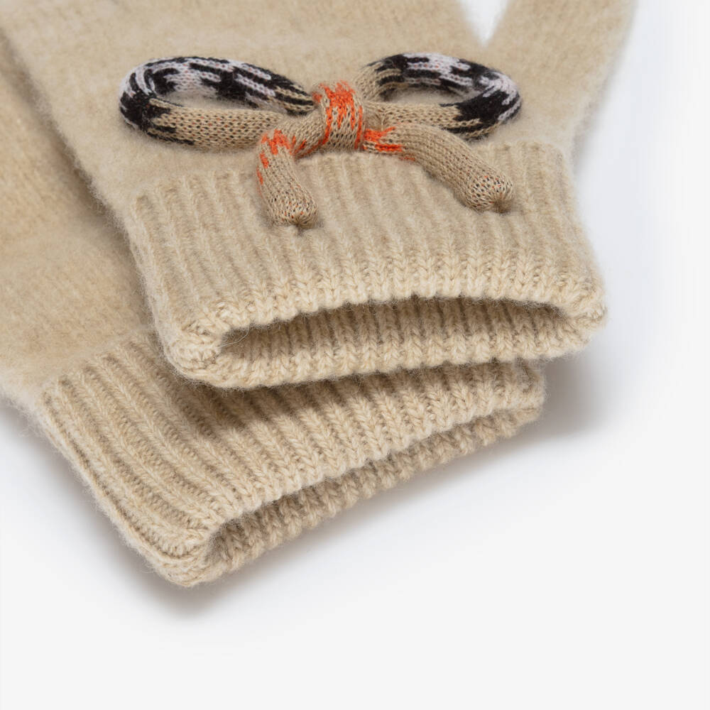 Burberry-Girls Beige Knitted Wool Gloves with Check Bows | Childrensalon