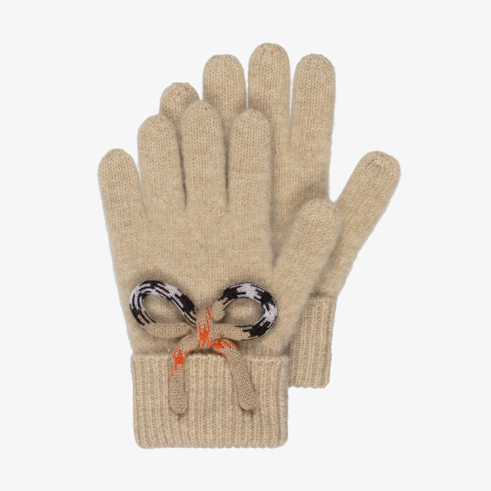 Burberry-Girls Beige Knitted Wool Gloves with Check Bows | Childrensalon