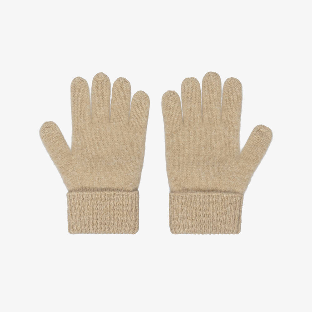 Burberry-Girls Beige Knitted Wool Gloves with Check Bows | Childrensalon