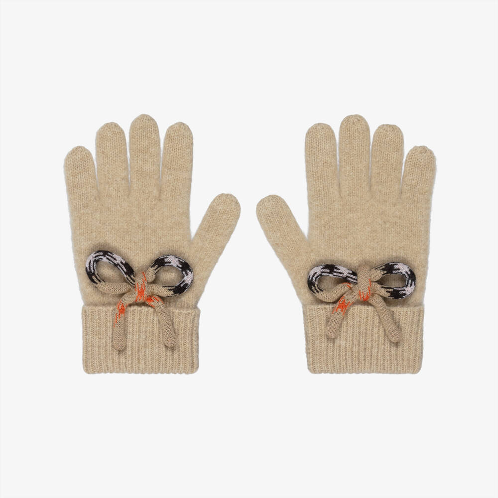 Burberry-Girls Beige Knitted Wool Gloves with Check Bows | Childrensalon