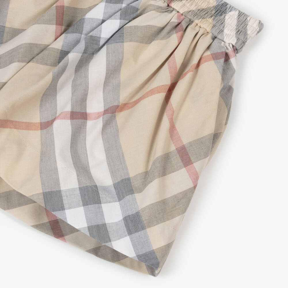 Burberry-Girls Beige Organic Cotton Check Shorts | Childrensalon