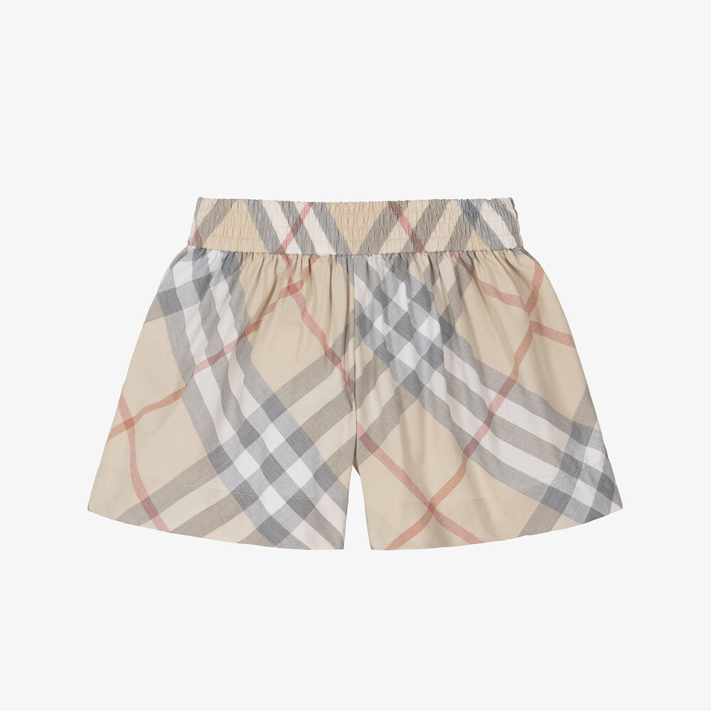 Burberry-Girls Beige Organic Cotton Check Shorts | Childrensalon