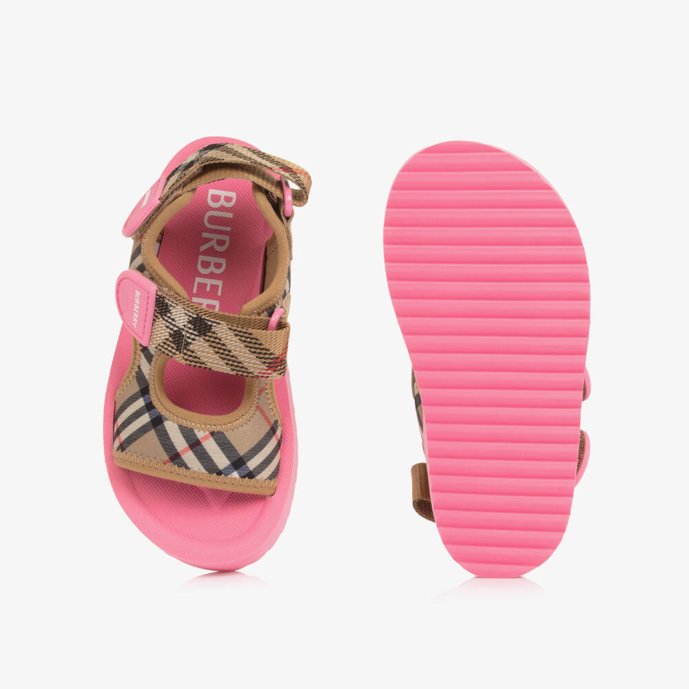 Burberry-Girls Beige & Pink Burberry Check Velcro Sandals | Childrensalon