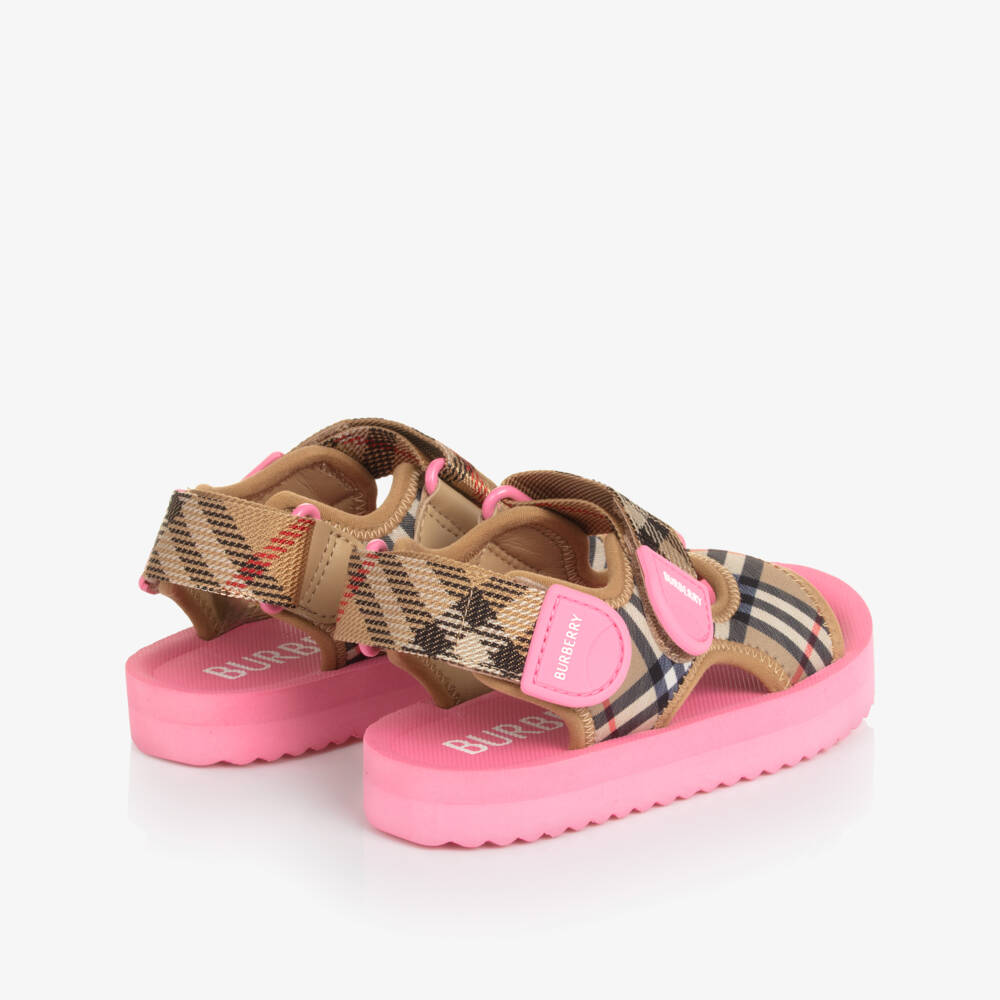 Burberry-Girls Beige & Pink Burberry Check Velcro Sandals | Childrensalon