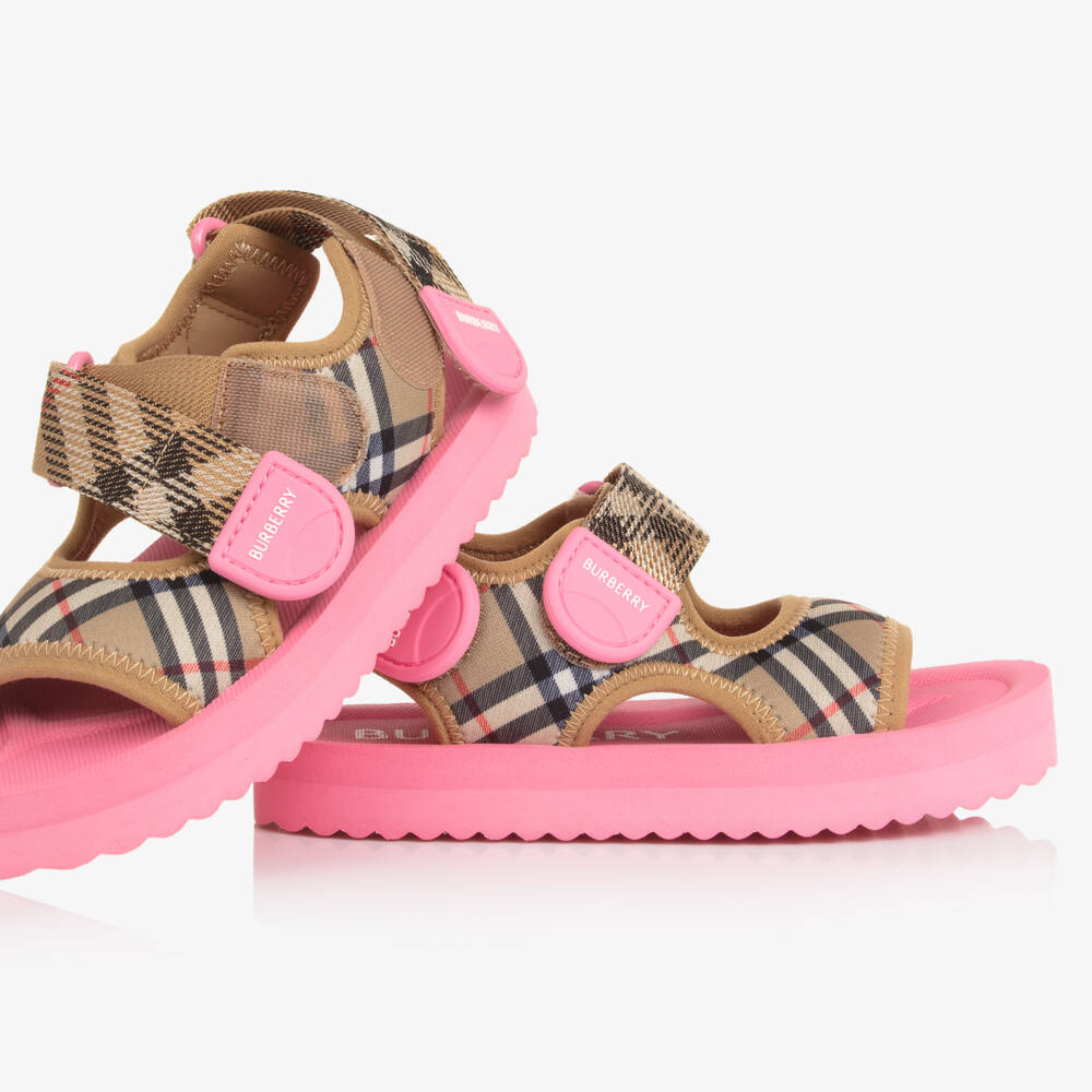 Burberry-Girls Beige & Pink Burberry Check Velcro Sandals | Childrensalon