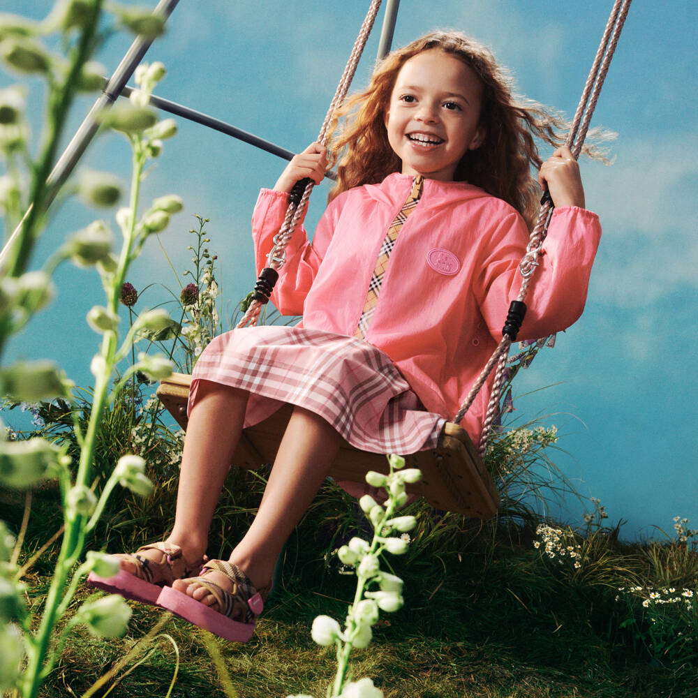 Burberry-Girls Beige & Pink Burberry Check Velcro Sandals | Childrensalon