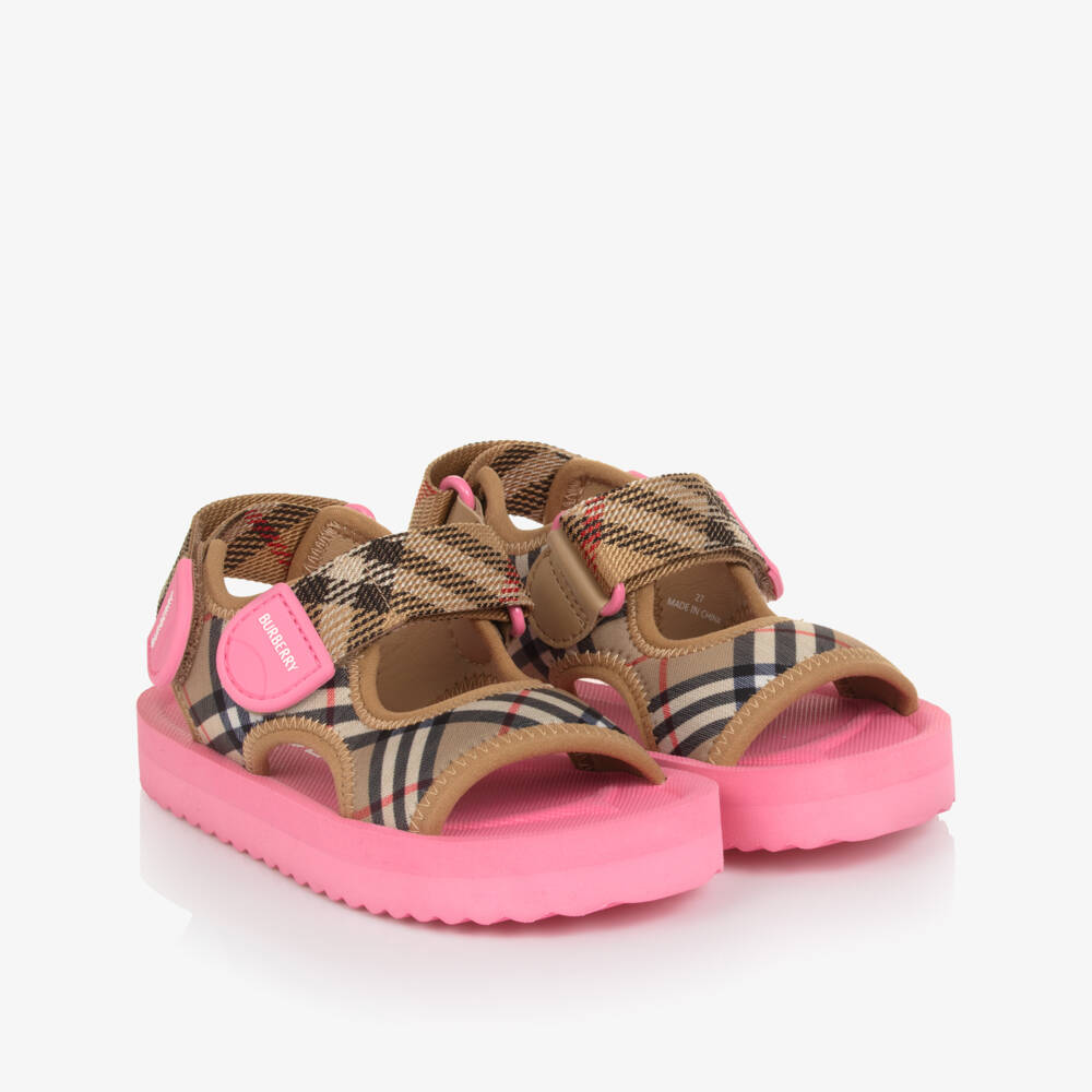 Burberry-Girls Beige & Pink Burberry Check Velcro Sandals | Childrensalon