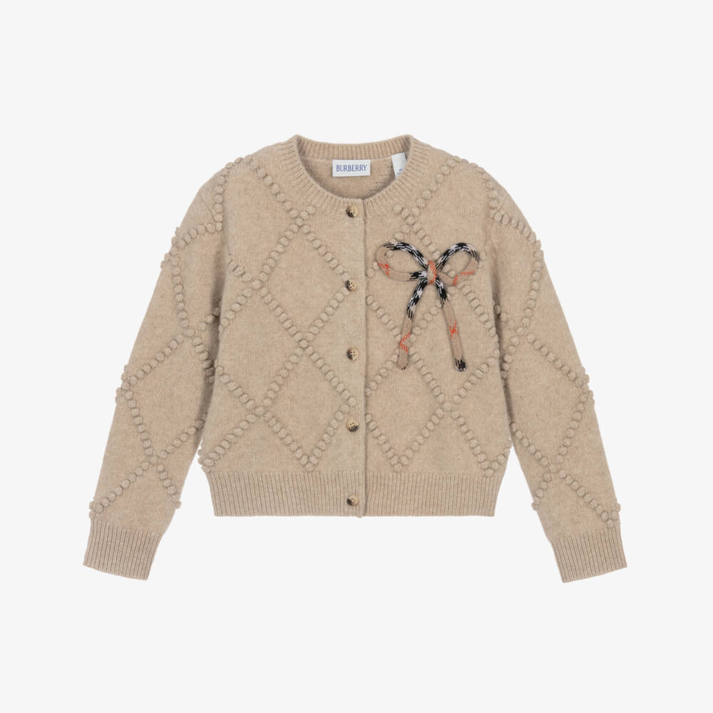 Burberry-Girls Beige Wool Knit & Check Bow Cardigan | Childrensalon