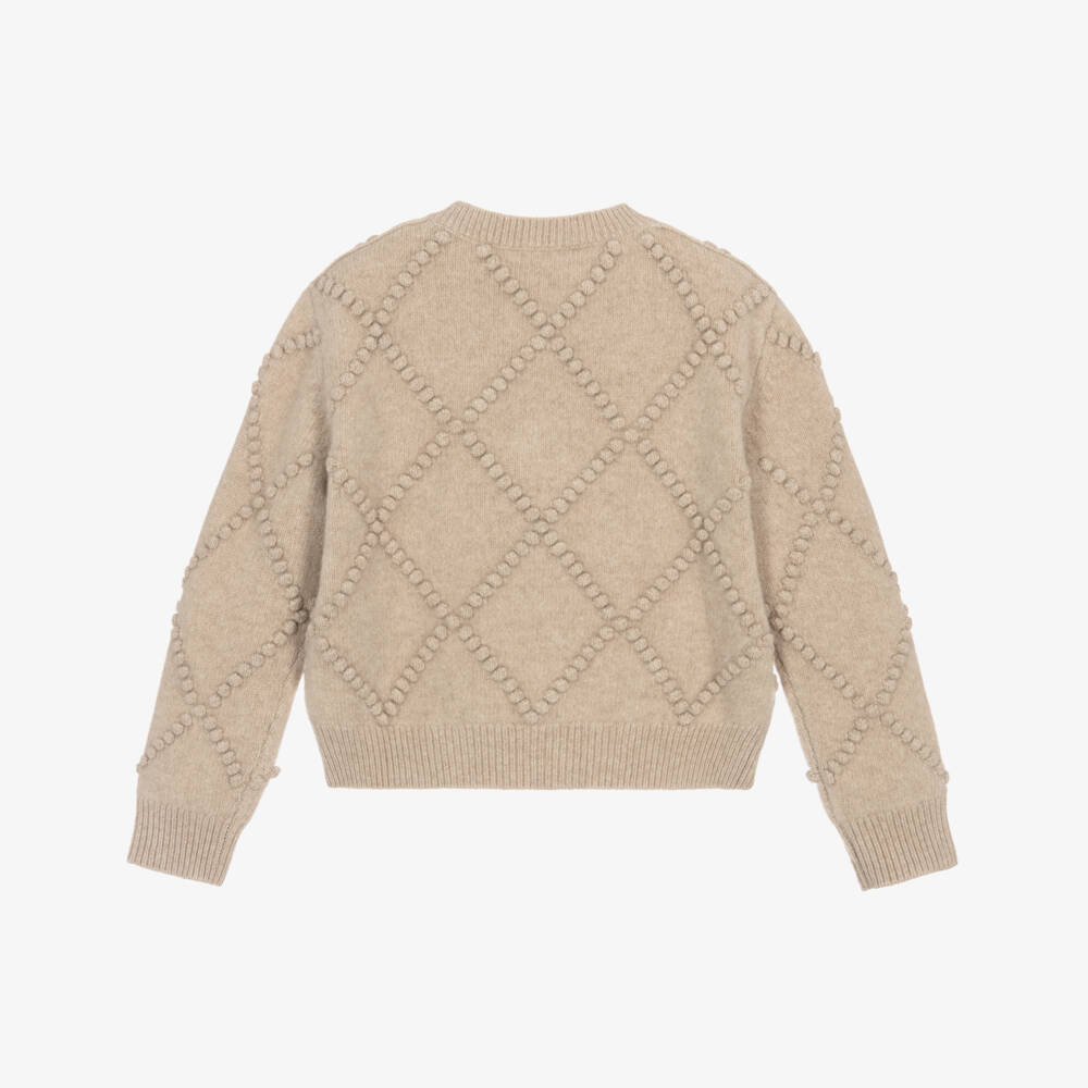 Burberry-Girls Beige Wool Knit & Check Bow Cardigan | Childrensalon