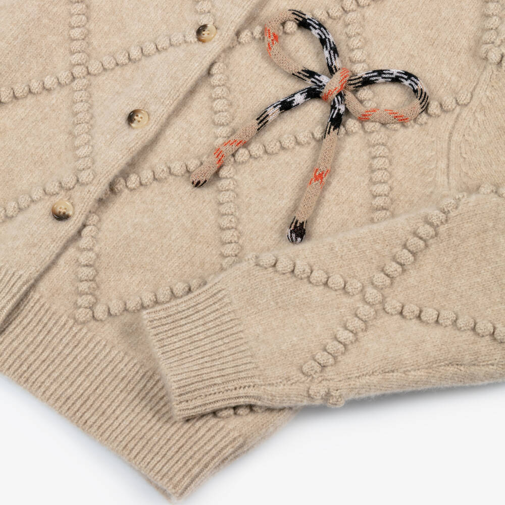 Burberry-Girls Beige Wool Knit & Check Bow Cardigan | Childrensalon