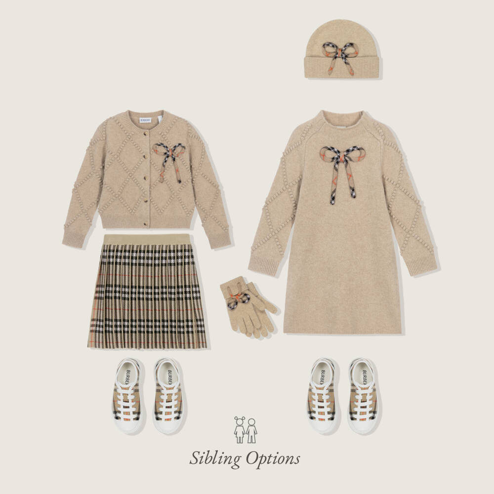 Burberry-Платье бежевое трикотажное из шерсти с бантом для девочек | Childrensalon