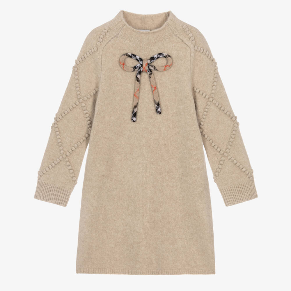 Burberry-Girls Beige Wool Knit & Check Bow Dress | Childrensalon