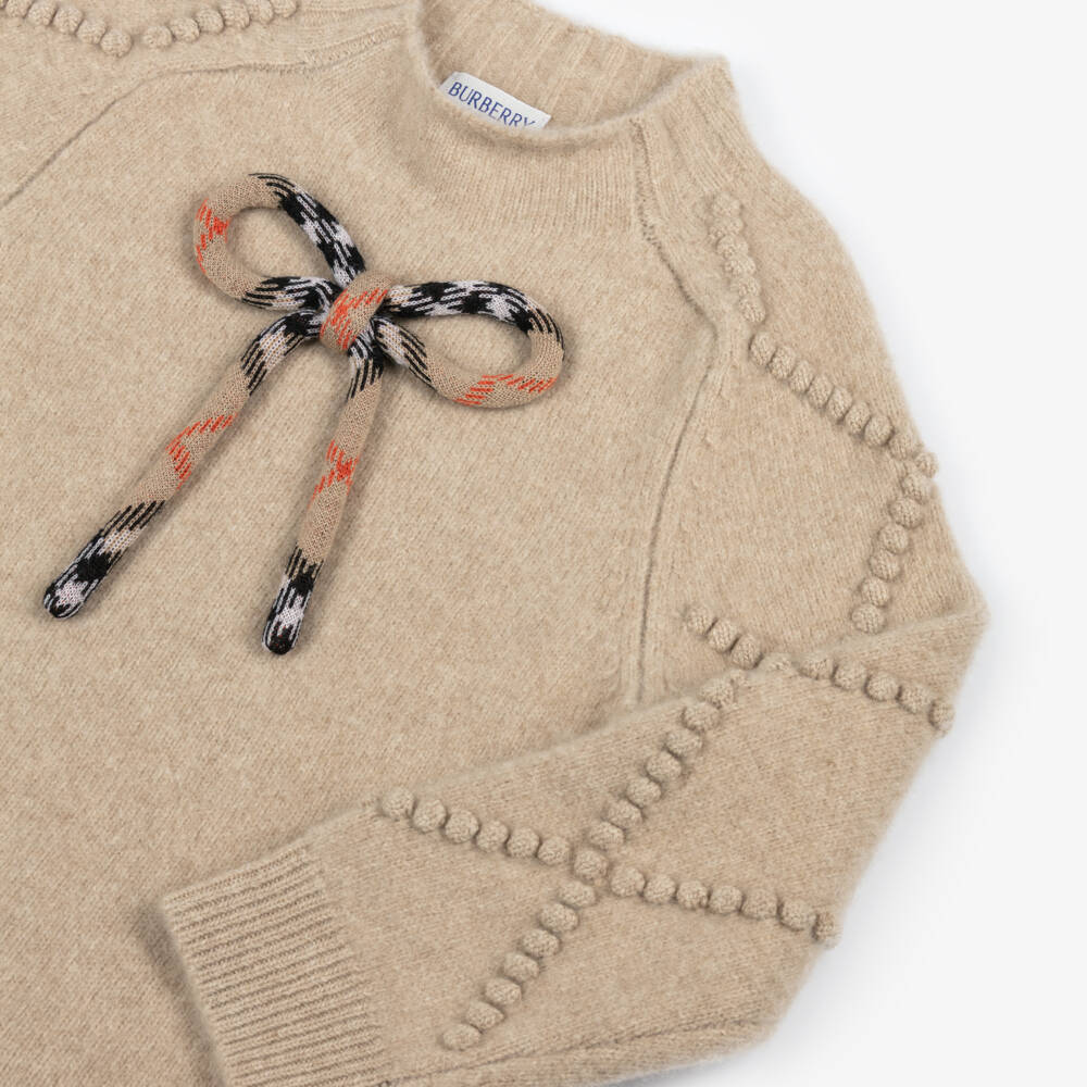 Burberry-Girls Beige Wool Knit & Check Bow Dress | Childrensalon