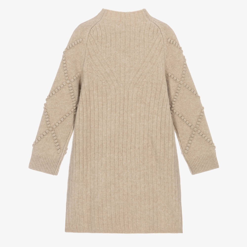 Burberry-Girls Beige Wool Knit & Check Bow Dress | Childrensalon