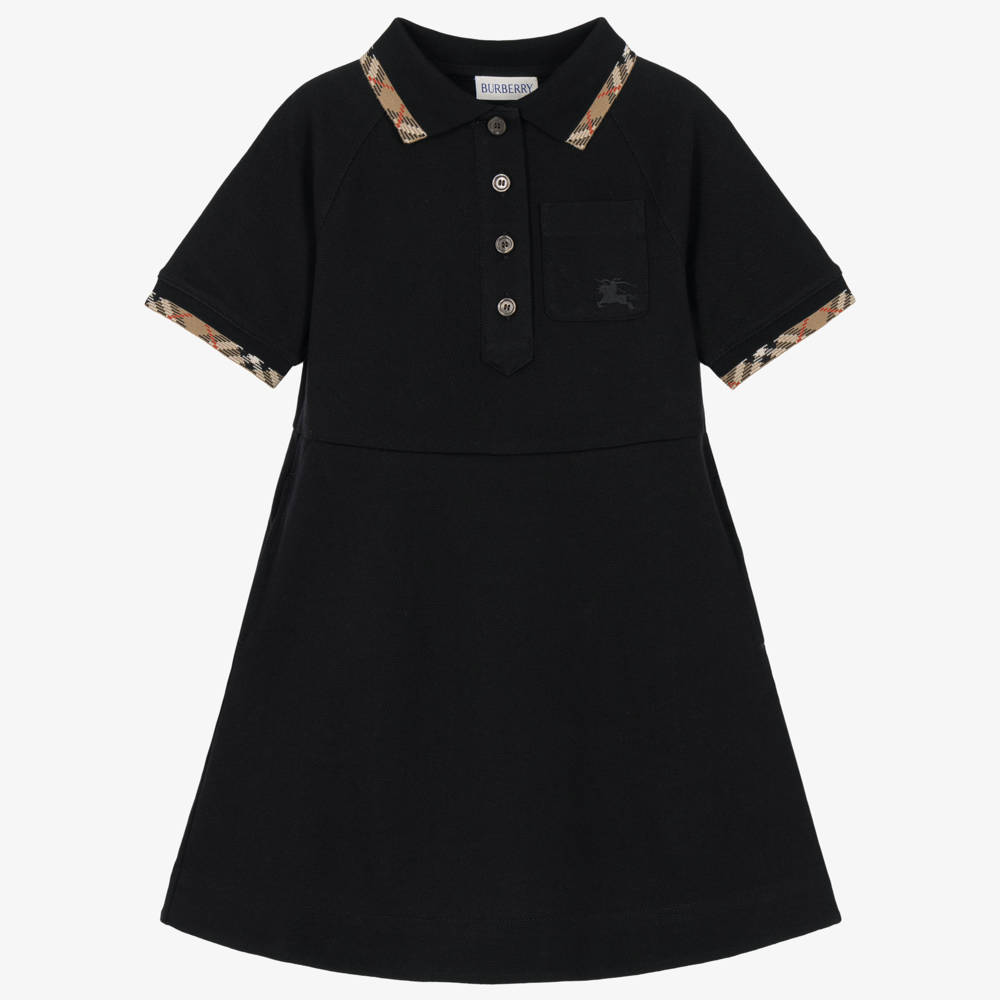 Burberry-Girls Black Cotton Piqué Polo Dress | Childrensalon