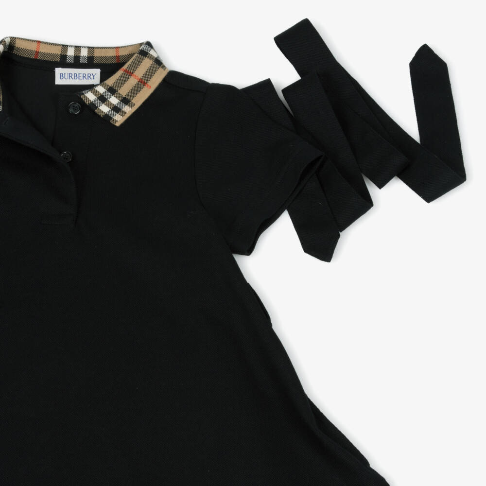 Burberry-Girls Black Cotton Polo Dress With Check Collar | Childrensalon