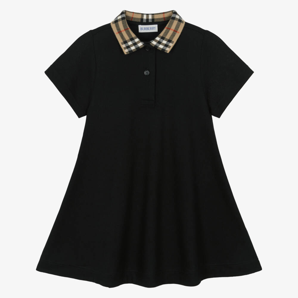 Burberry-Girls Black Cotton Polo Dress With Check Collar | Childrensalon
