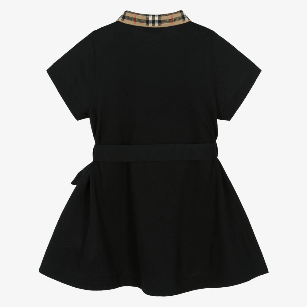 Burberry-Girls Black Cotton Polo Dress With Check Collar | Childrensalon