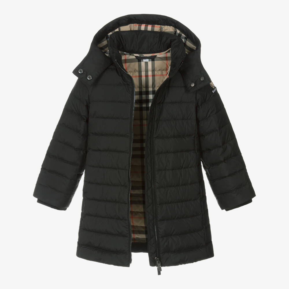 Burberry-Girls Black Hooded Down Puffer Coat | Childrensalon