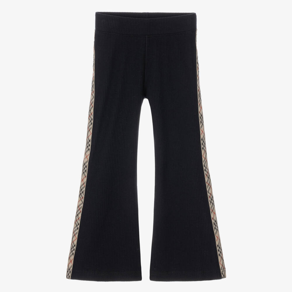 Burberry-Girls Black Ribbed Flared Trousers with Burberry Check | Childrensalon