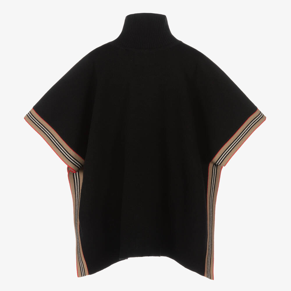 Burberry-Girls Black Wool Icon Stripe Cape | Childrensalon