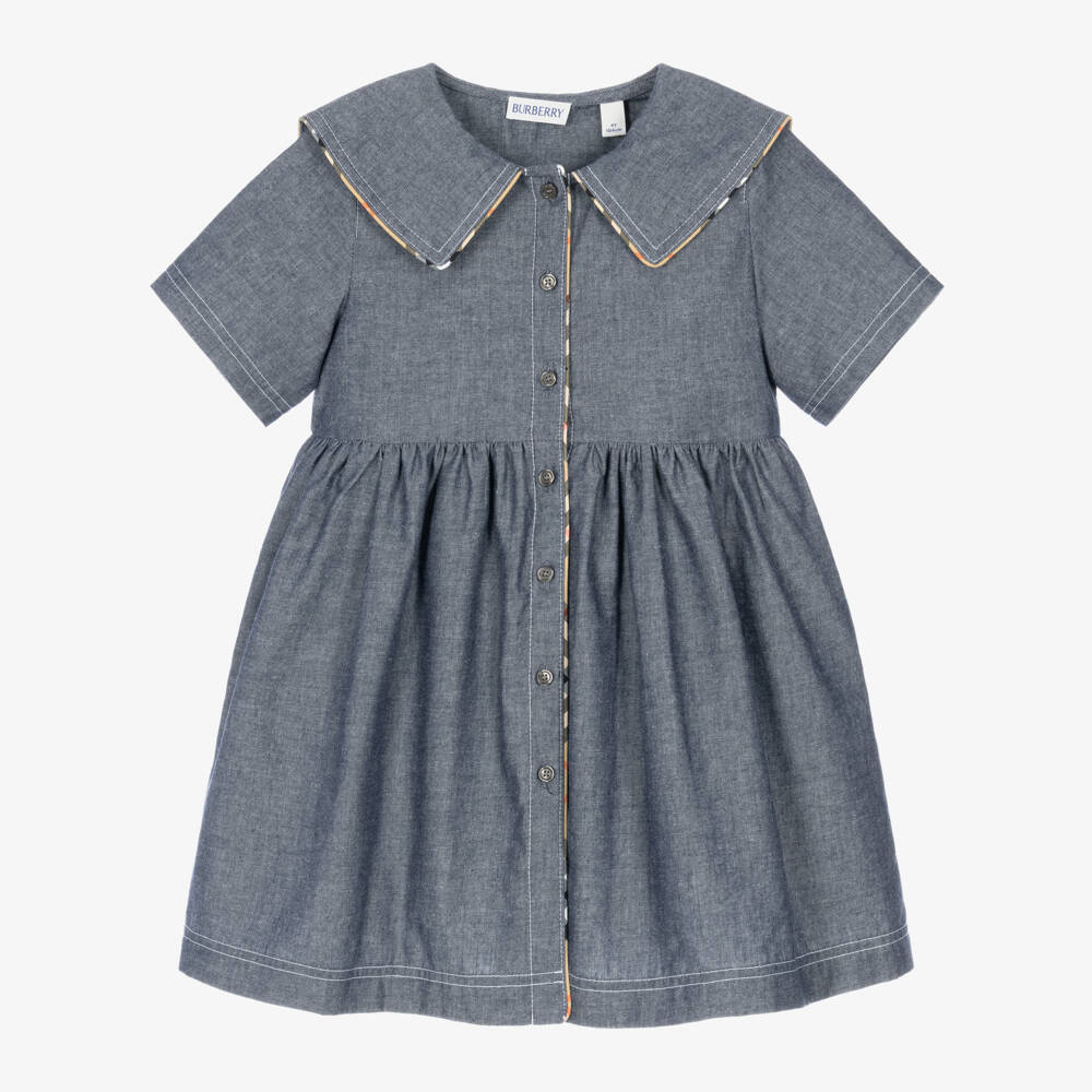 Burberry-Girls Blue Chambray Dress with Sailor Collar | Childrensalon
