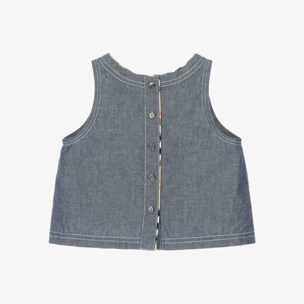 Burberry-Girls Blue Chambray Sleeveless Top with Check Trim | Childrensalon