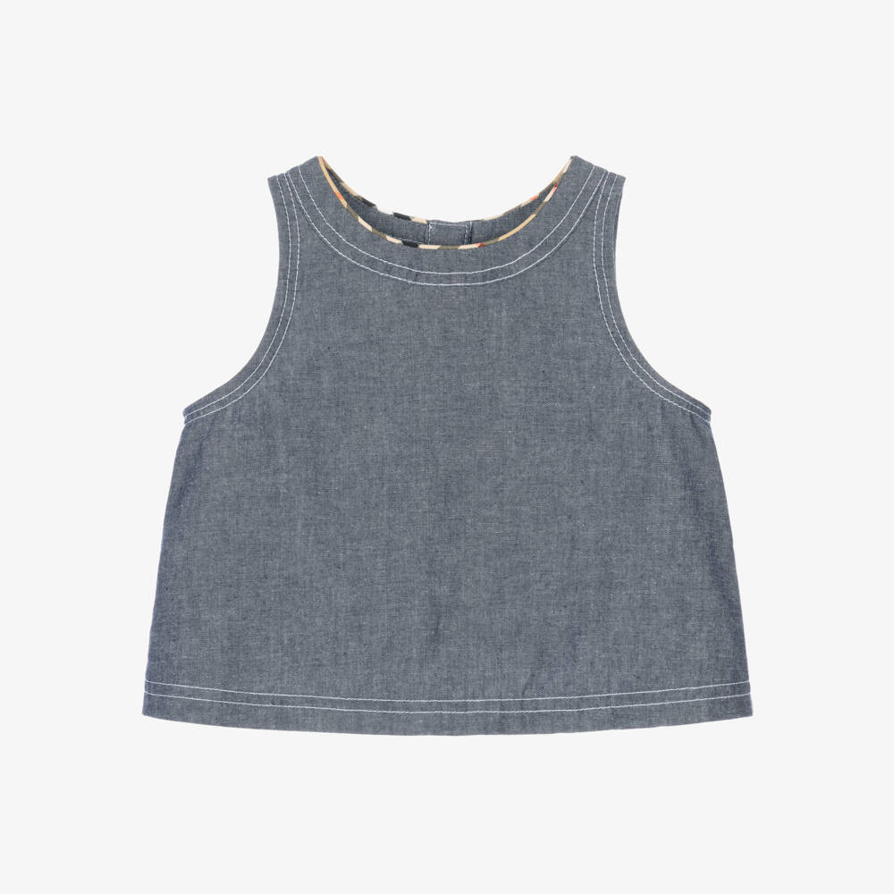 Burberry-Girls Blue Chambray Sleeveless Top with Check Trim | Childrensalon