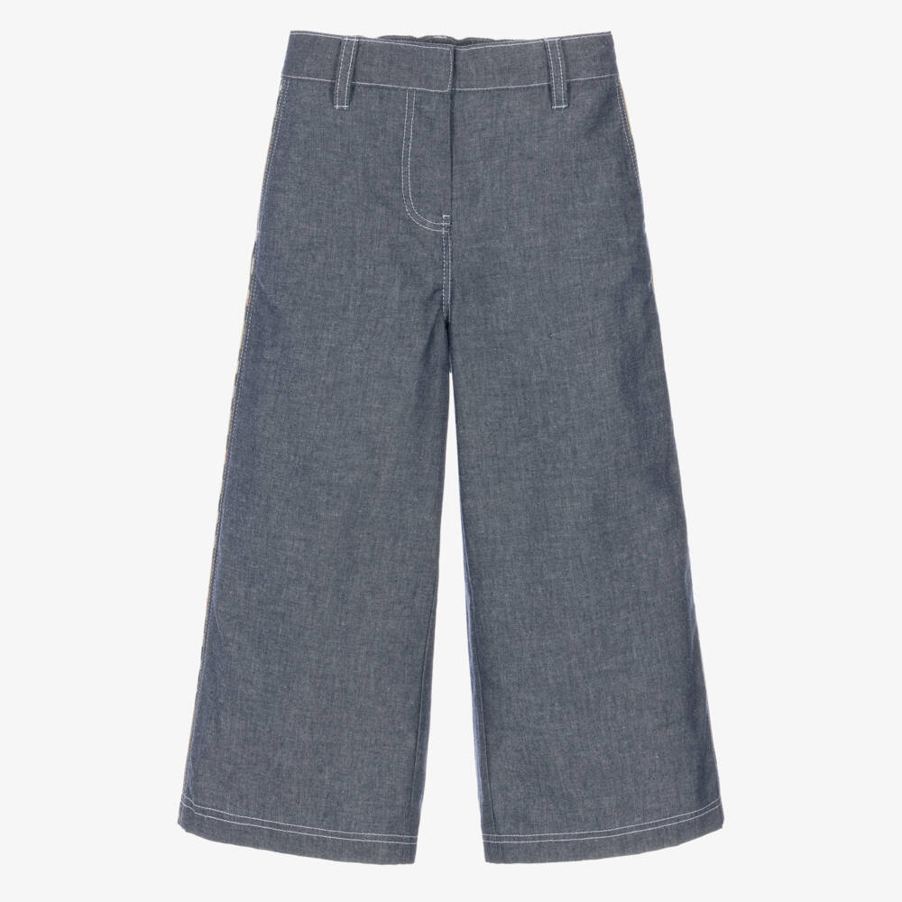 Burberry-Girls Blue Chambray Trousers with Burberry Check | Childrensalon