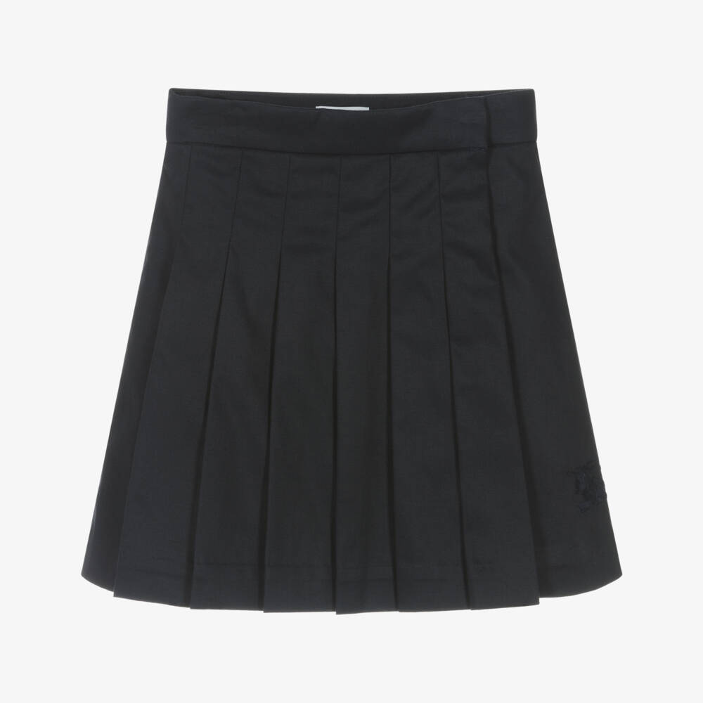 Burberry-Girls Blue Cotton Pleated Kilt-Style Skirt with EKD Logo | Childrensalon