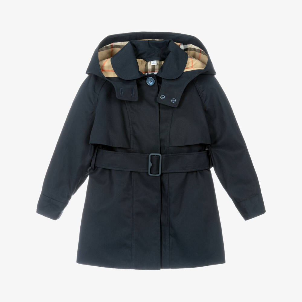 Burberry-Girls Blue Cotton Twill Trench Coat with Detachable Hood | Childrensalon