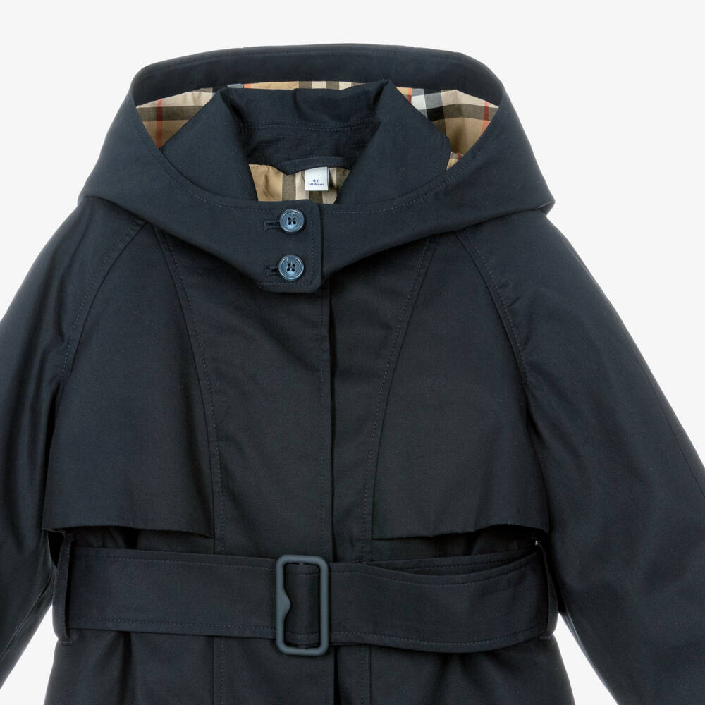 Burberry-معطف ترنش بغطاء رأس قطن تويل لون كحلي للبنات  | Childrensalon