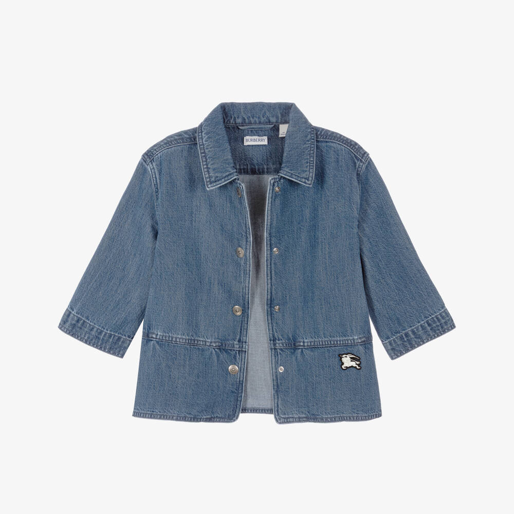 Burberry-Girls Blue Denim Jacket with Equestrian Knight Design Logo | Childrensalon