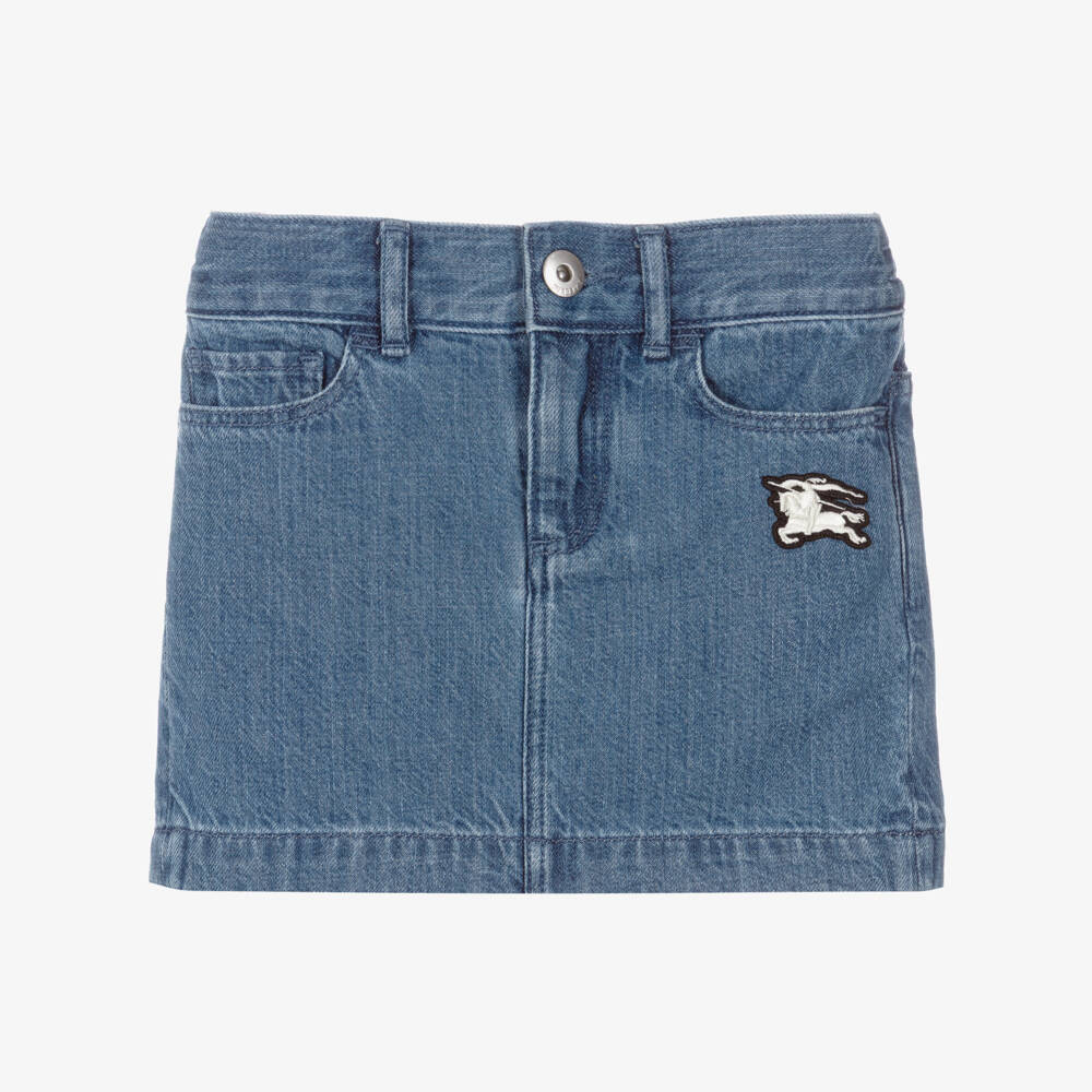 Burberry-Girls Blue Denim Skirt with Equestrian Knight Design Logo | Childrensalon