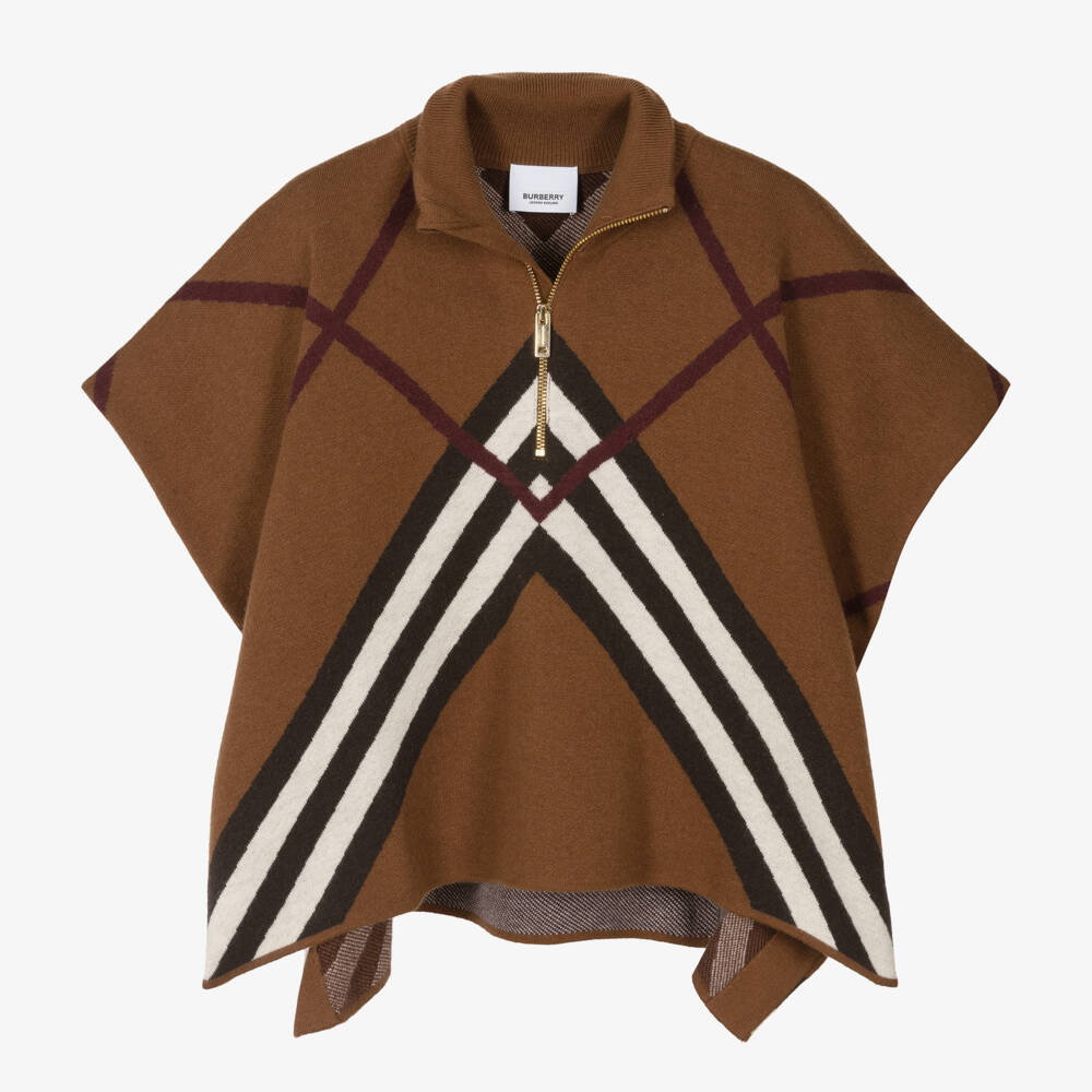 Burberry-Girls Brown Chevron Cashmere Cape | Childrensalon